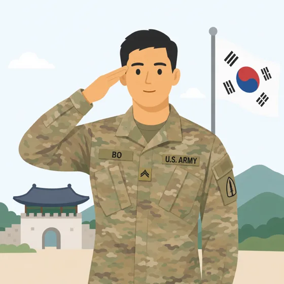 Spc. Joe, the boar'ed mascot, saluting in front of a Korean palace.